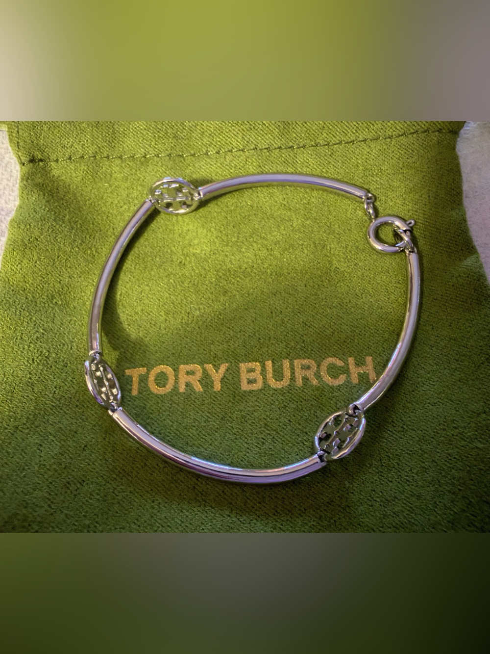 Tory Burch Silver Logo Hinged Bracelet
